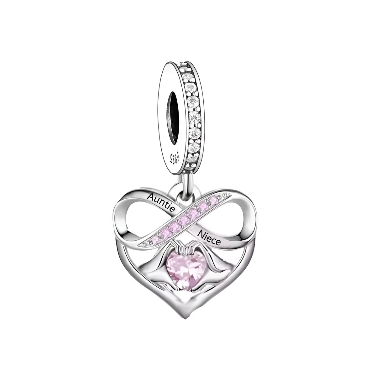 Silver heart-shaped charm with pink gem and 'Auntie Niece' engraving on a white background