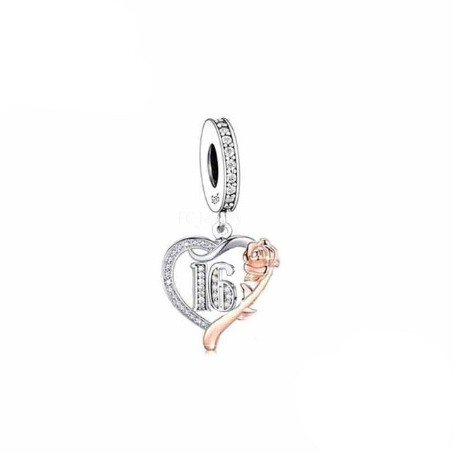 Sterling silver and cubic zirconia dangle charm with number 16 and rose design, fits Pandora and Trollbeads bracelets