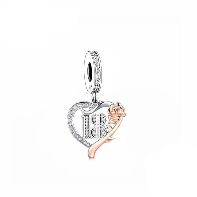 Sterling silver birthday number charm with cubic zirconia, fits Pandora and Trollbeads bracelets.