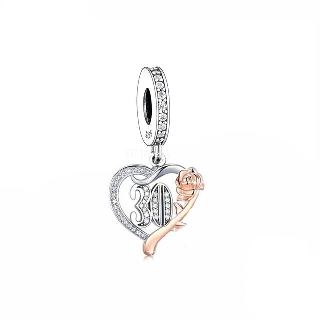 Sterling Silver Birthday Number 30 Dangle Charm with Cubic Zirconia for Charm Bracelets