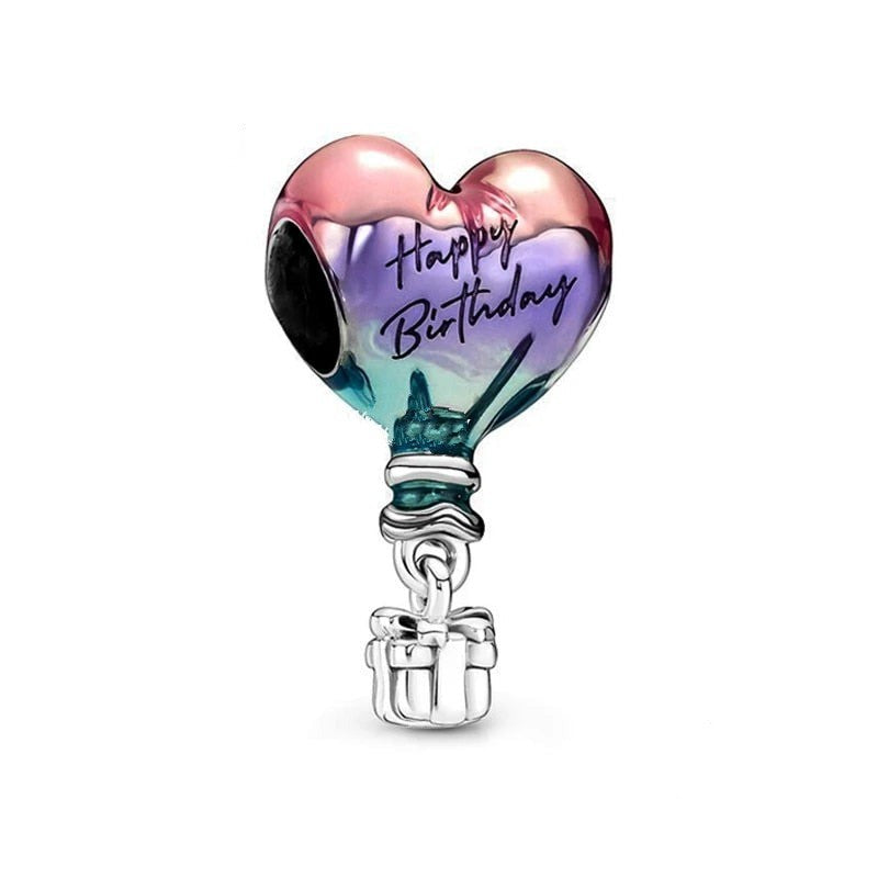 Heart-shaped Happy Birthday dangle charm with colorful design, featuring &quot;Happy Birthday&quot; text and attached gift, compatible with Pandora bracelets.