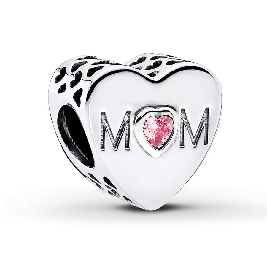 &quot;Mom&quot; Engraved Heart Charm | CZ with Pink Gemstone - Compatible with Pandora Bracelets