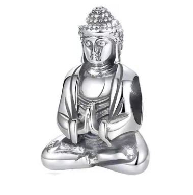 Sterling Silver Buddha Charm with intricate details and a serene design, perfect for adding peace and tranquility to a spiritual-themed bracelet.