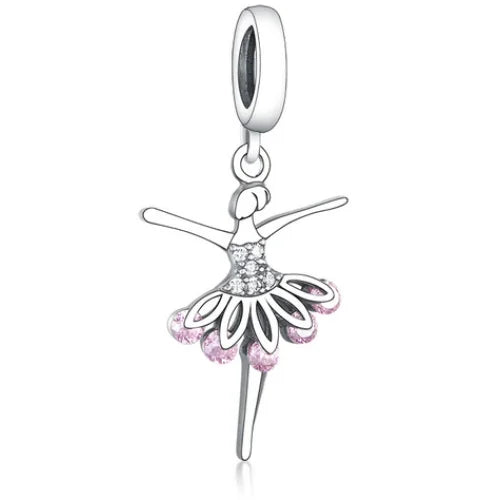 A sterling silver dangle charm featuring a ballerina girl with pink crystal embellishments on the skirt.