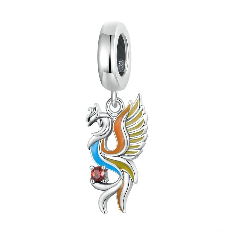 Multicolor Phoenix dangle charm with colorful enamel and intricate details, compatible with Pandora and other charm bracelets