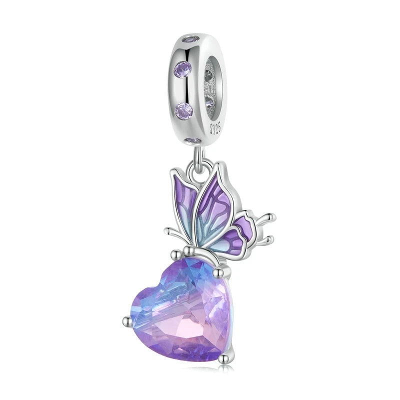 Exquisite Pearlescent Butterfly &amp; Heart Dangle Charm | CZ EN