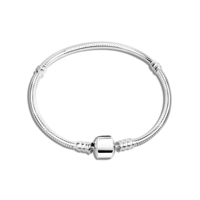 925 sterling silver threaded snake plain bracelet with hidden-safety-clasp, available in sizes 17cm, 19cm, 20cm, and 21cm.