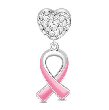 Cancer Awareness Ribbon &amp; Heart Dangle Charm | CZ EN