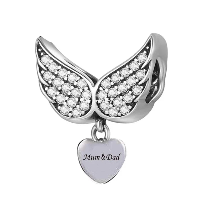 &quot;Mom &amp; Dad&quot; Angel Wings Dangle Charm | CZ