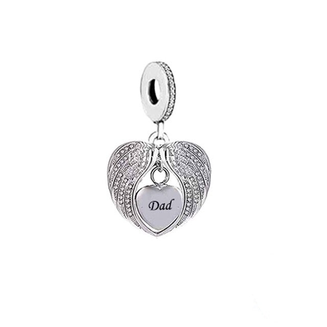 &quot;Dad&quot; Engraved Heart &amp; Angel Wings Dangle Charm | CZ