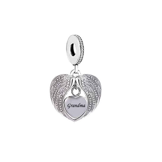 &quot;Grandma&quot; Engraved Heart &amp; Angel Wings Dangle Charm | CZ