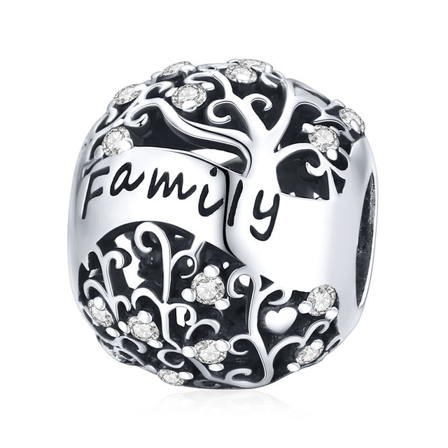 A silver-colored metal charm with a family design, featuring the word 'Family' written in an arch and embellished with small cubic zirconia stones.