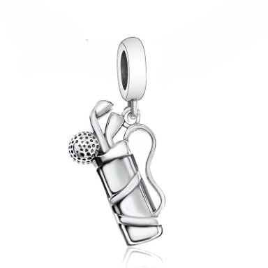 Golf Kit Dangle Charm with silver golf clubs and ball, perfect for Pandora and charm bracelets. A stylish sporty addition to your collection.