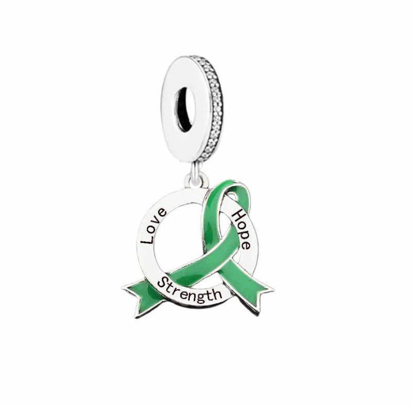 Love, Hope, Strenght Green Ribbon Dangle Charm | CZ EN