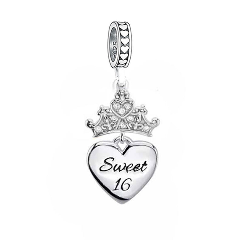 Sterling Silver Sweet 16 Princess Dangle Charm with Heart and Crown Design