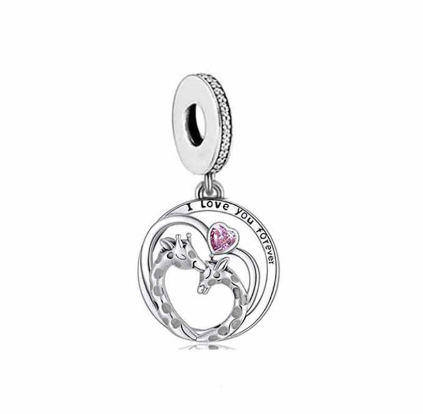 Sterling silver Giraffe &quot;I Love You Forever&quot; dangle charm with cubic zirconia and intricate detailing of two giraffes forming a heart shape.