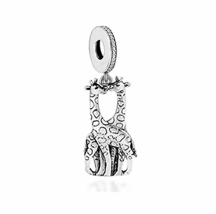 Sterling Silver Giraffes Dangle Charm featuring two detailed giraffes, compatible with Pandora and other charm bracelets.