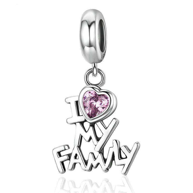 A heart-shaped charm with the inscription 'I LOVE MY FAMILY' and a small heart graphic, attached to a dangle chain.