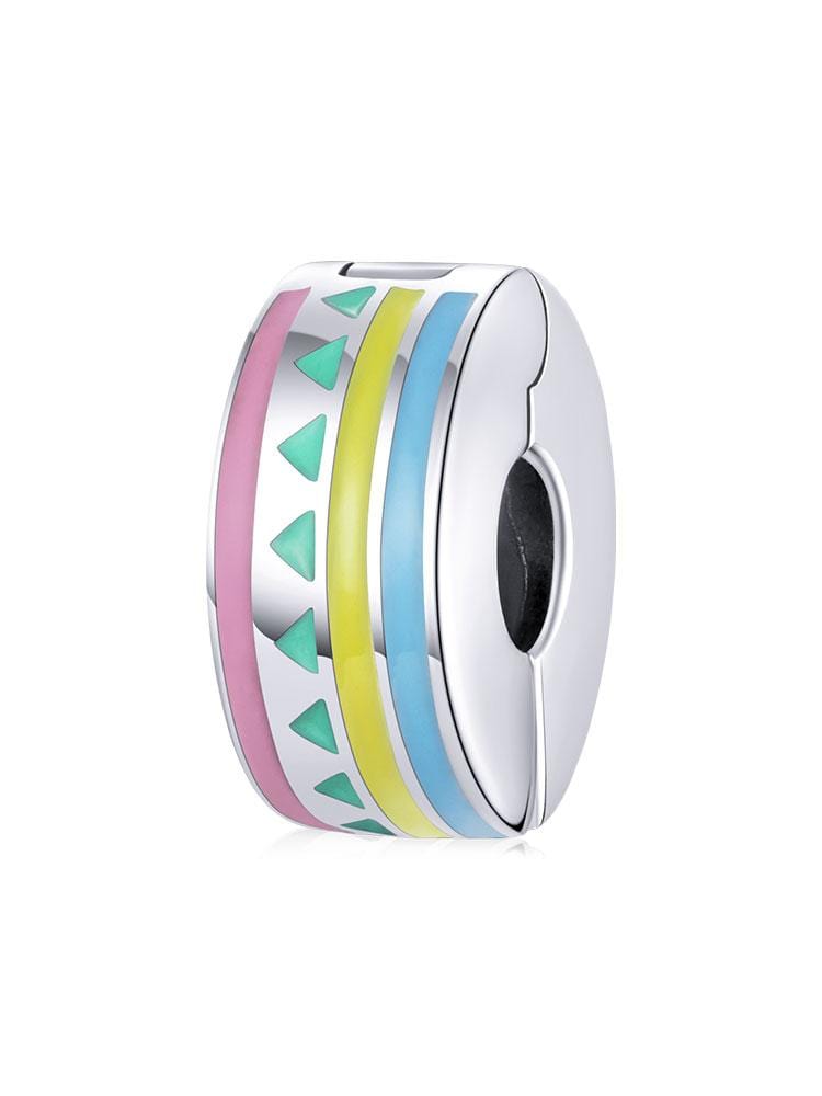 Add a splash of colour to your charm bracelet with this playful pastel clip! Featuring a delightful mix of pink, yellow, blue, and green enamel in a geometric pattern, this clip is perfect for securing your charms while adding a fun, stylish accent.