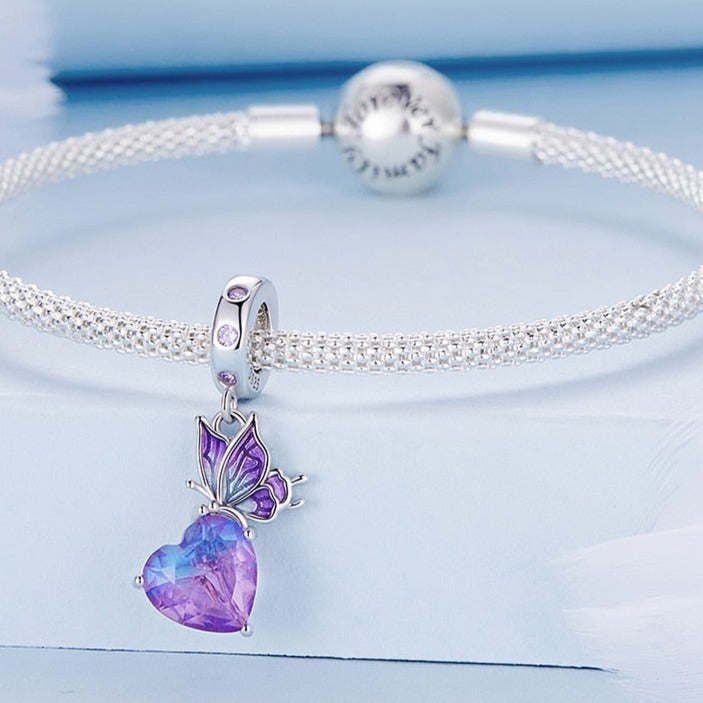 Exquisite Pearlescent Butterfly & Heart Dangle Charm | CZ EN