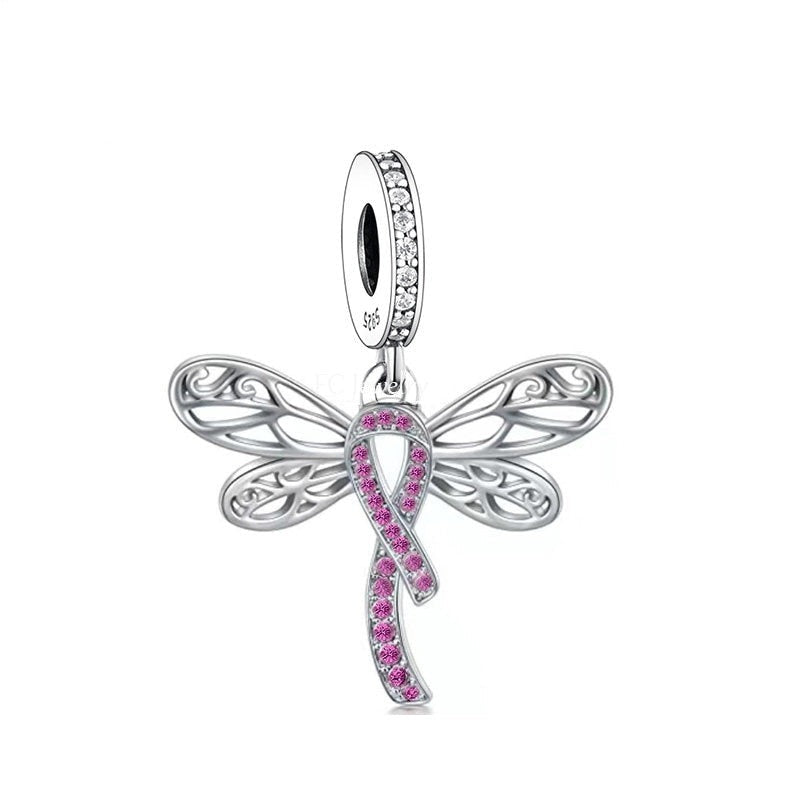 Cancer Awareness Dragonfly Dangle Charm | CZ