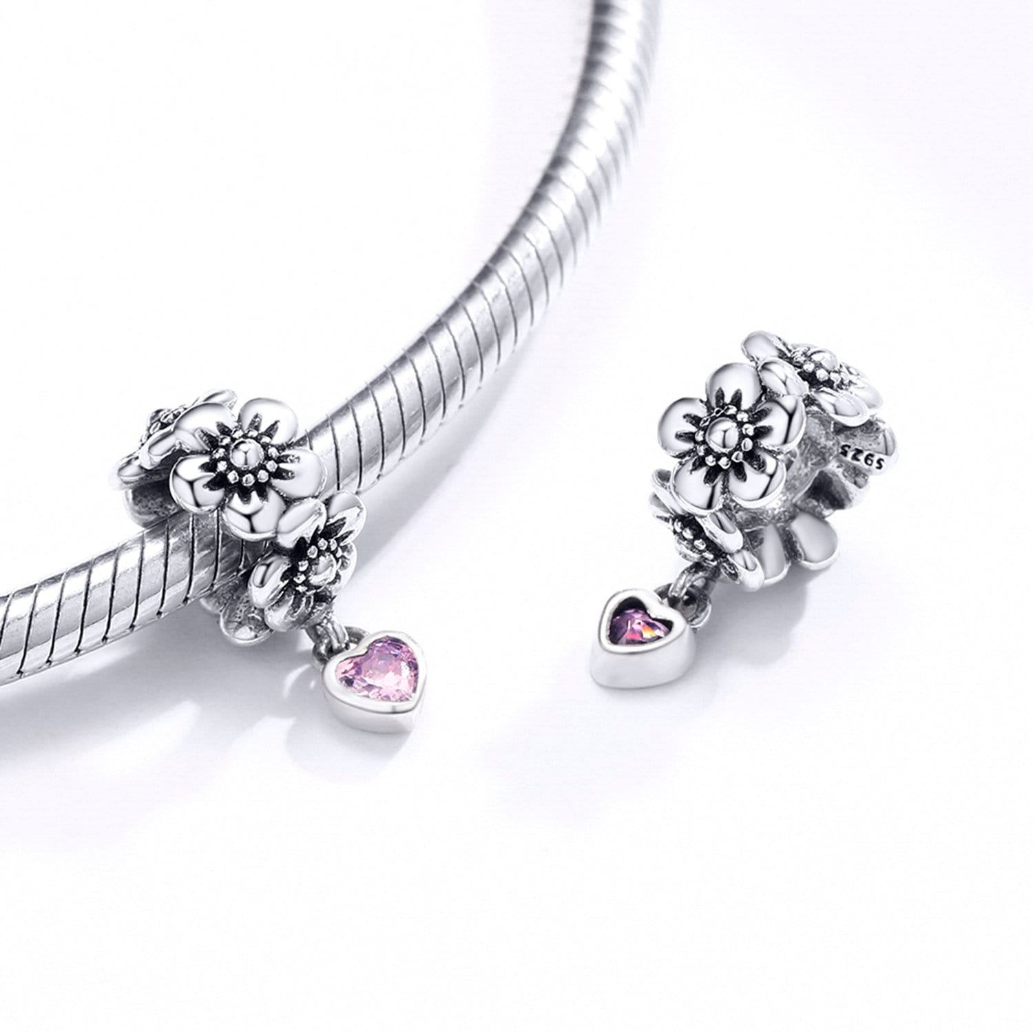 Flowery Heart Dangle Charm | CZ