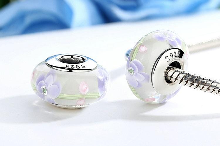 CharmSA Threaded Purple Flowers European Murano Glass Charm Fits