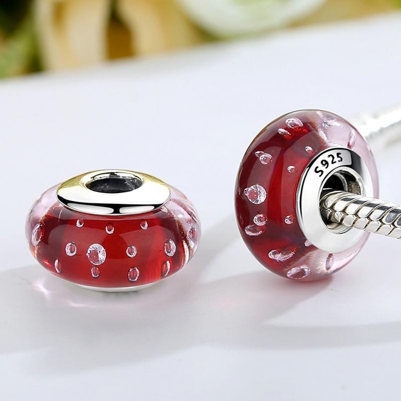 Bubbles Red European Murano Glass Charm | CZ [Threaded]