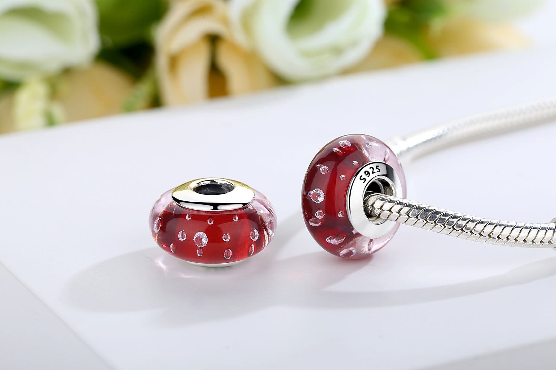 Bubbles Red European Murano Glass Charm | CZ [Threaded]