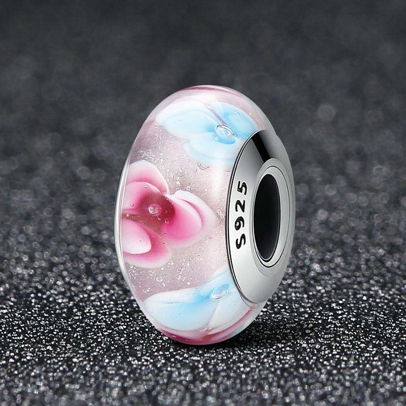 Pink & Blue Flower European Murano Glass Charm
