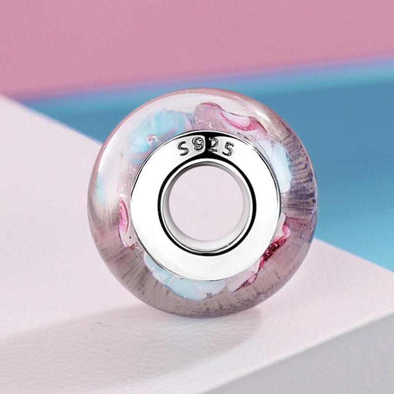 Pink & Blue Flower European Murano Glass Charm