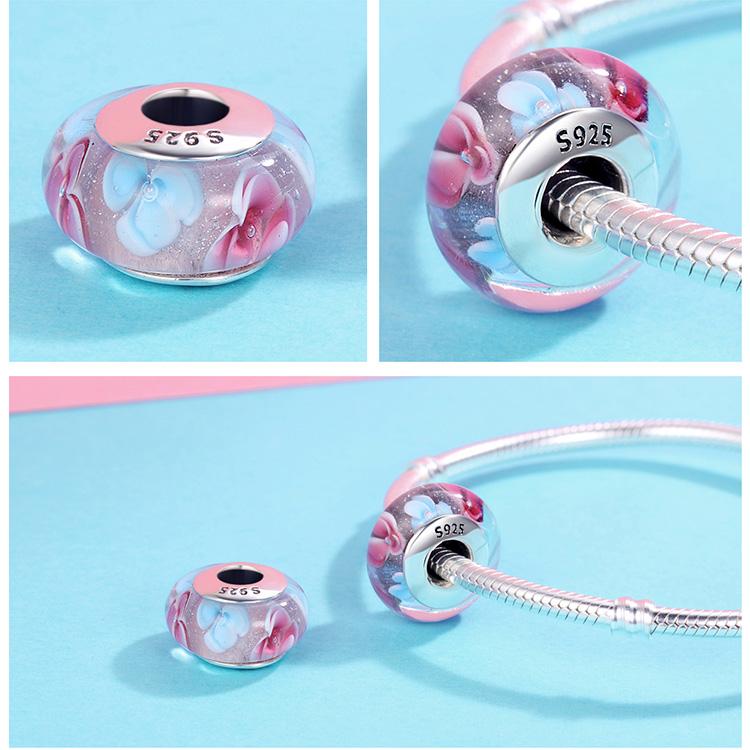 Pink & Blue Flower European Murano Glass Charm