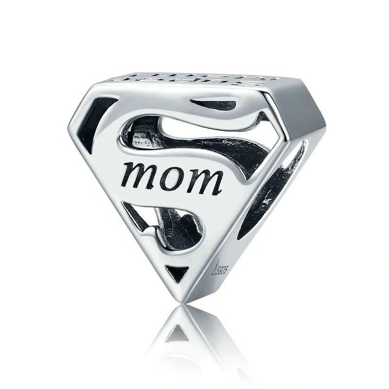 Sterling silver Super Mom charm featuring a bold and inspiring design.