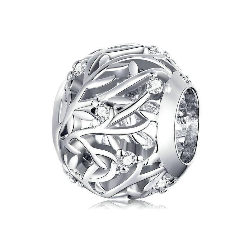 A sterling silver round charm with a vine design and cubic zirconia accents.