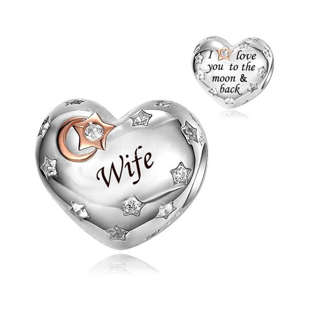 Sterling Silver heart charm engraved with 'Wife' and 'I love you to the moon &amp; back' - perfect gift to express love and affection.
