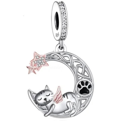 Kitty &amp; Crescent Moon Dangle Charm | RGP CZ EN