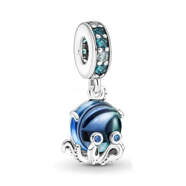 Sterling Silver Octopus Dangle Charm with Blue CZ stones for Pandora Bracelets