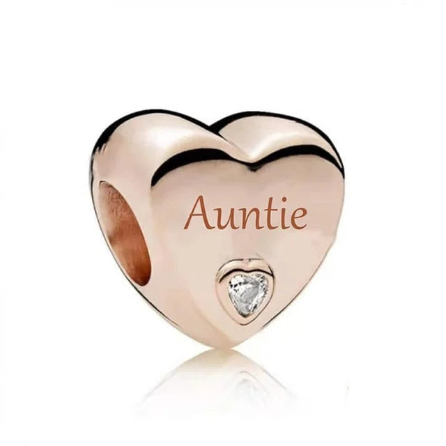 Sterling Silver Auntie Engraved Heart Charm with Cubic Zirconia for Pandora Bracelets