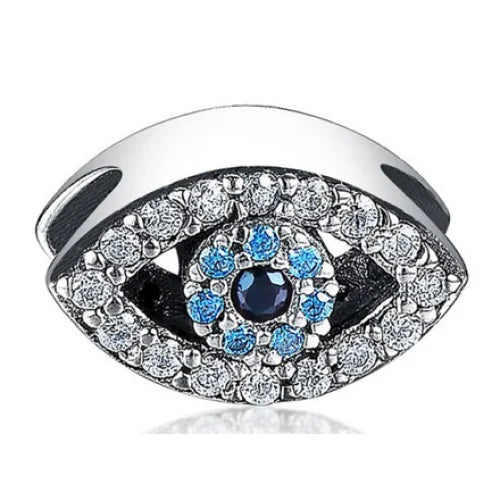 Sterling silver evil eye charm with blue and white cubic zirconia stones designed for bracelets.