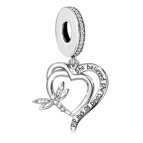 &quot;She Believed&quot; Dragonfly Heart Dangle Charm | CZ