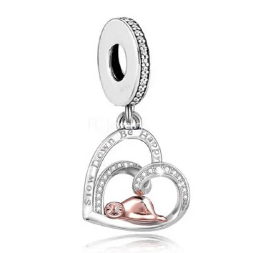 Sterling Silver Sloth Heart Charm with &quot;Slow Down, Be Happy&quot; Engraving and Rose Gold Sloth Accent