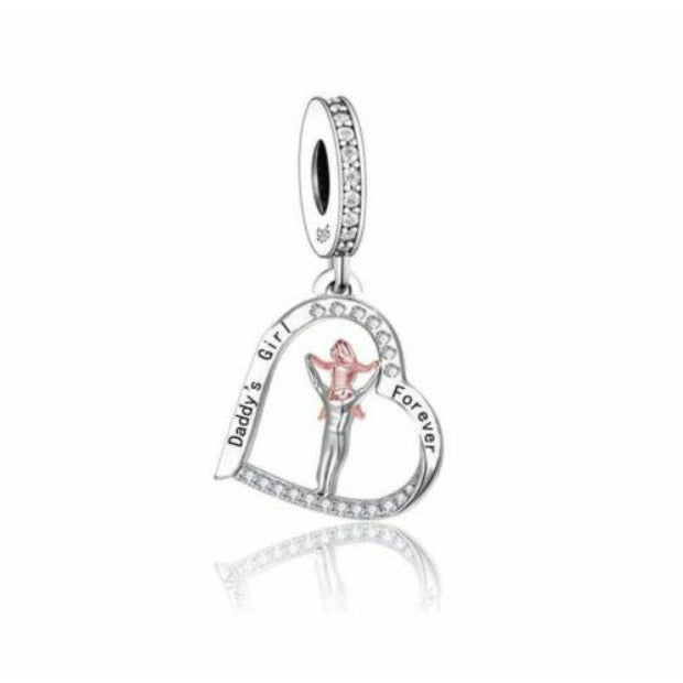 Two-Tone Daddy&#39;s Girl Forever Dangle Charm in Sterling Silver with Engraved Message and CZ Stones