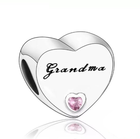 Sterling Silver &quot;Grandma&quot; Engraved Heart Charm with Pink Cubic Zirconia for Bracelet