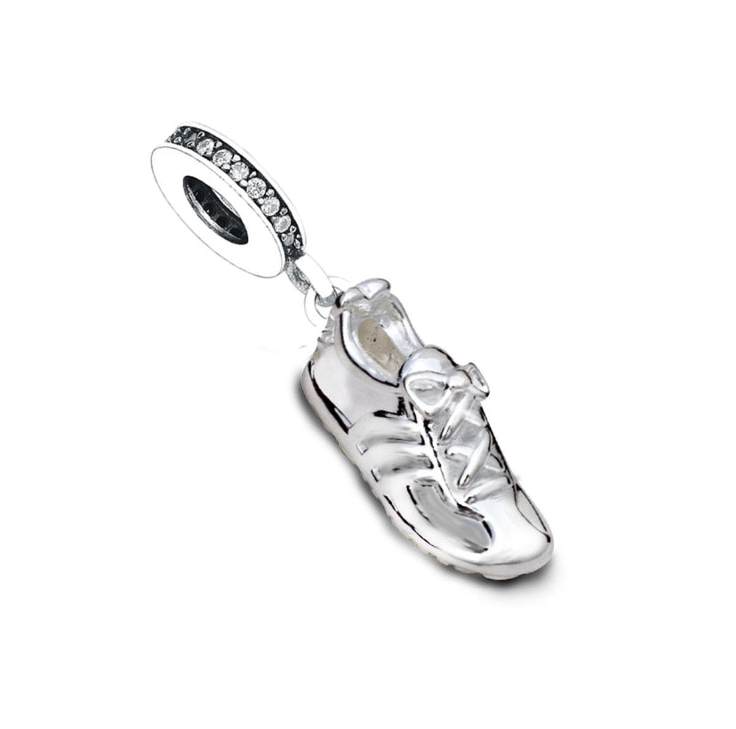 Love to Run Shoe Dangle Charm with CZ crystals for Pandora and popular charm bracelets, featuring &quot;Love to Run&quot; engraving on a running shoe.