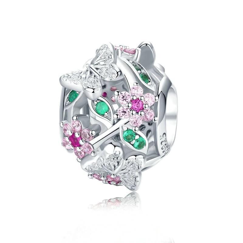 Pandora Compatible 925 sterling silver Green and pink Flower Charm From CharmSA Image 1