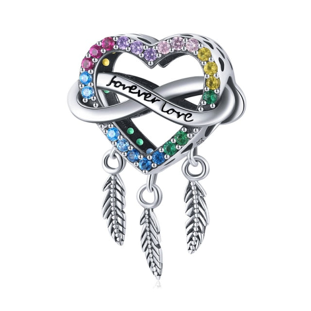 Rainbow Heart &amp; Infinity Dream Catcher Dangle Charm | CZ