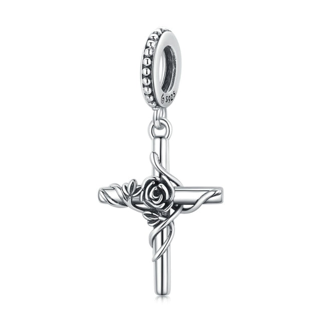 CharmSA Rose Cross Dangle Charm Fits Pandora Bracelets