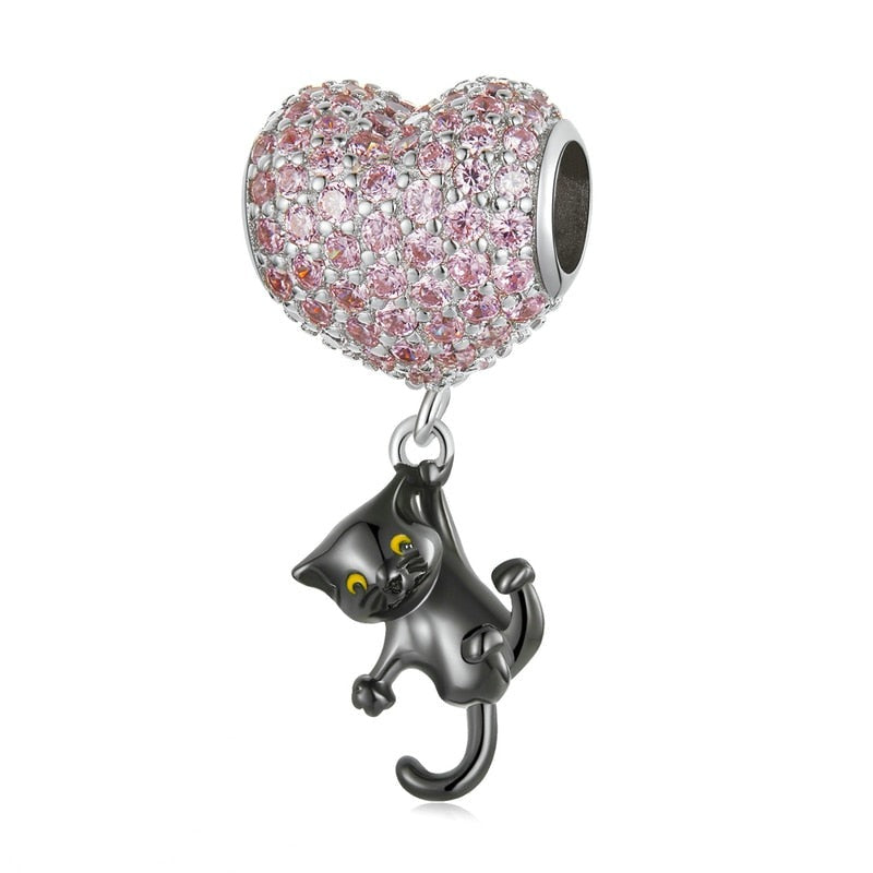 Black Cat &amp; Heart Dangle Charm | CZ EN