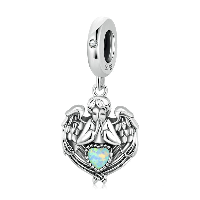 Praying Angel Opal Heart Dangle Charm | CZ