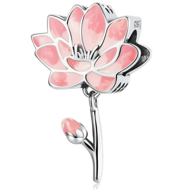 GNOCE Lotus Flower Pendant Charm - 925 Sterling Silver With Aqua CZ For Bracelet
